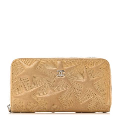 CHANEL Metallic Lambskin Star Embossed Medium Zip Around Wallet Gold 